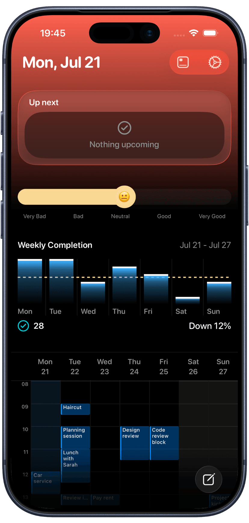 Unified dashboard showing calendar, tasks, and habits